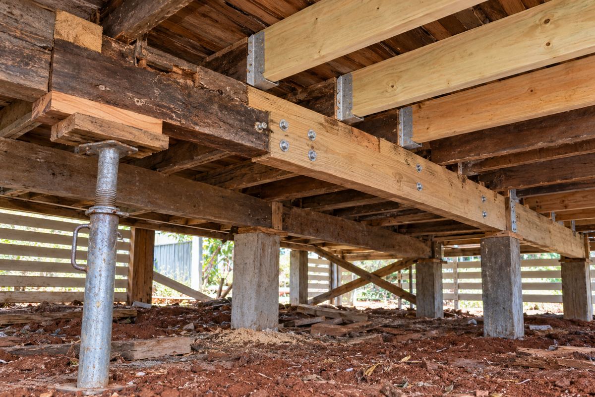 A new hardwood bearer scarfed and bolted beside a rotted one under a Toowoomba house, sistered joists fixed with galvanised joist hangers, an acrow prop carrying the floor, dry red soil below and daylight showing through the battens.