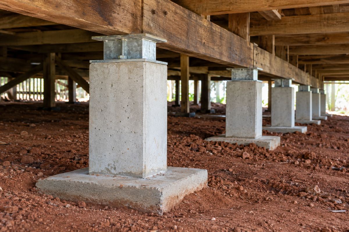 A row of new precast concrete stumps with ant caps set in red volcanic soil under a Toowoomba Queenslander, the bearer bolted down to each stump top and the old holes backfilled.