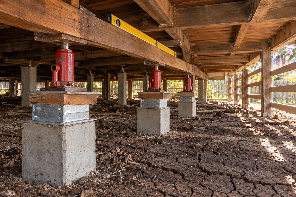 Three hydraulic jacks lifting a hardwood bearer back to level under a post-war house in Harristown, a spirit level on the bearer, galvanised steel packers on the concrete stumps, and black cracking clay with wide dry cracks on the subfloor ground.