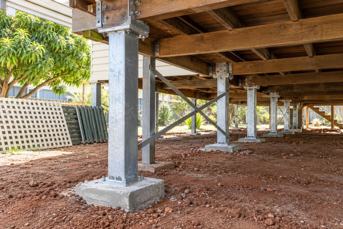 Galvanised square steel stumps with top plates and cross-bracing under a high-set Queenslander in Wilsonton, each post standing on a concrete pad above red soil, with the removed lattice panels stacked outside.
